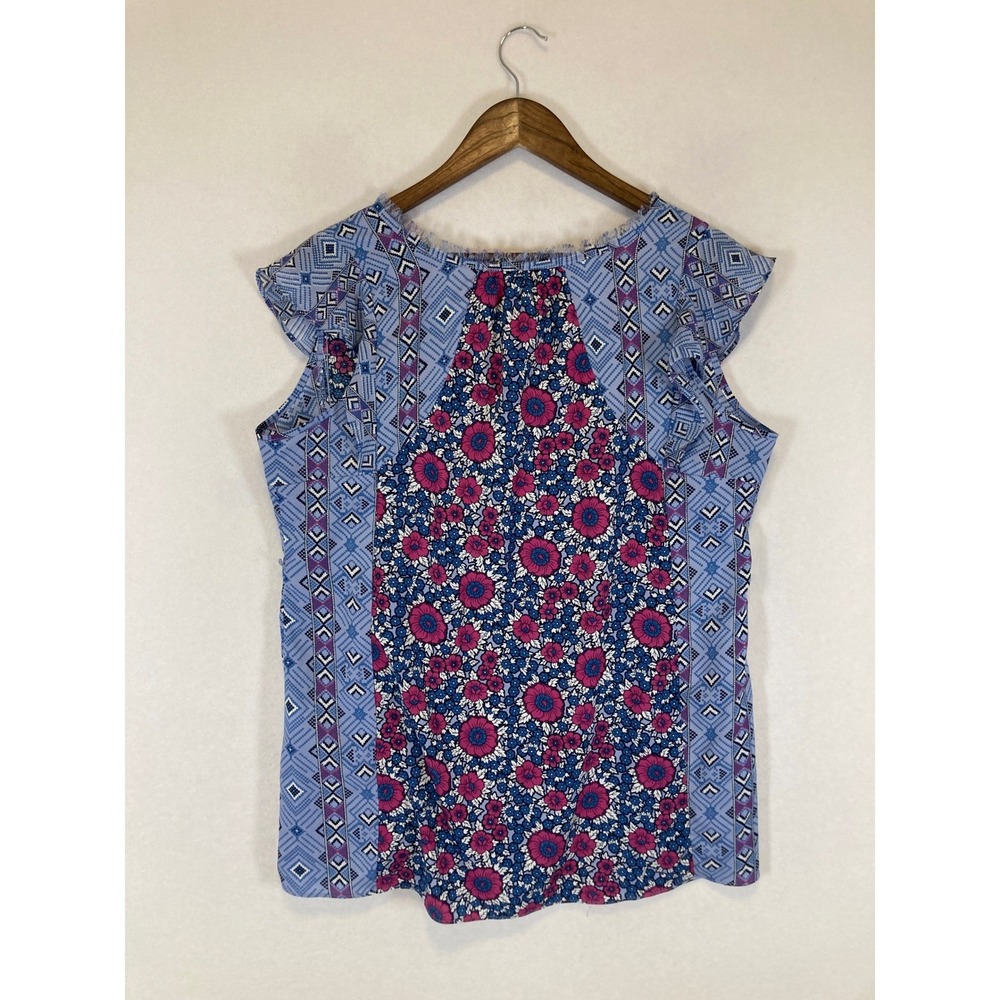 Boho Floral Motherhood Maternity Womens Large Blue Pink Mixed Print Ruffle Top - Picture 2 of 10